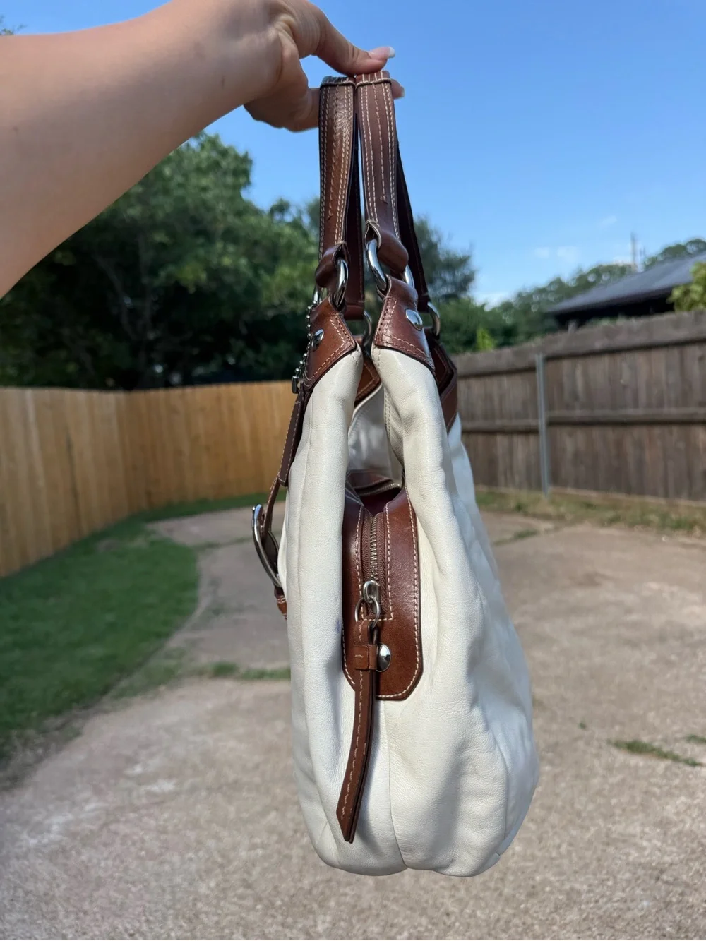 Coach SoHo White Leather Hobo Bag with Brown Trim